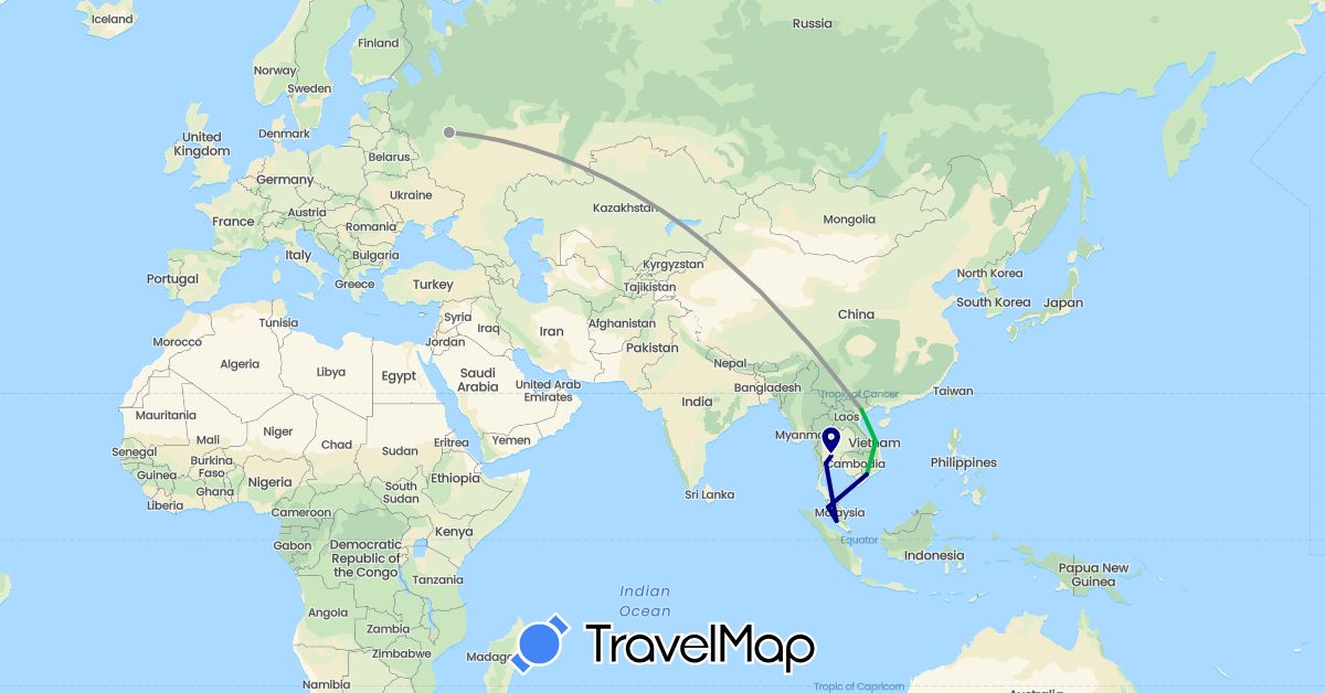 TravelMap itinerary: driving, bus, plane in Malaysia, Russia, Thailand, Vietnam (Asia, Europe)